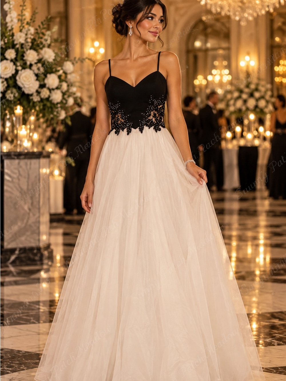 Elegant Black and White Prom Dress with Beaded Lace Bodice